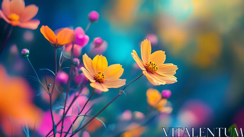 Yellow cosmos flowers bloom against vibrant teal and magenta bokeh