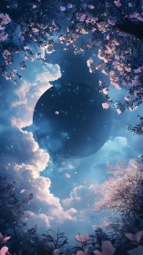 Celestial eclipse framed by luminous cherry blossoms at dusk