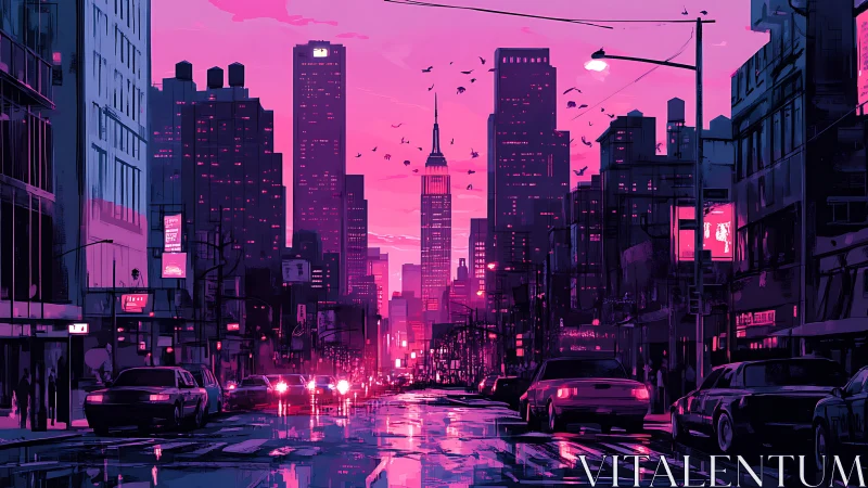 Neon dusk drapes the city as chrome traffic hums below