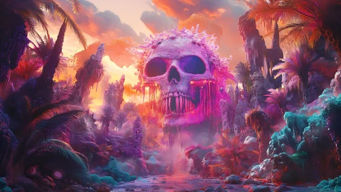 Neon skull storm hovering over a lush cosmic jungle.