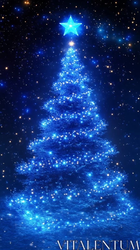 Illuminated blue Christmas tree under starry night sky.