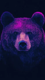 Neon bear portrait glows against deep cosmic night sky.