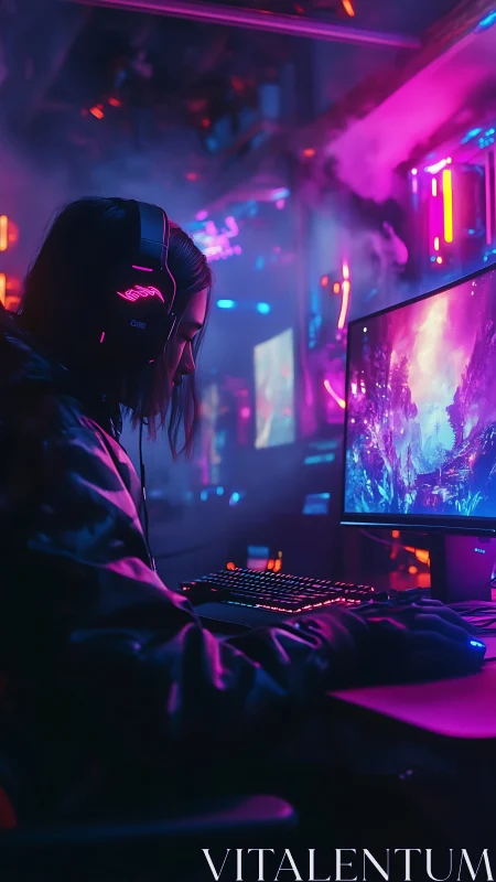 PC gamer using RGB desktop in neon lit gaming lounge.