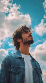 Young man in denim jacket looking up at bright sky.