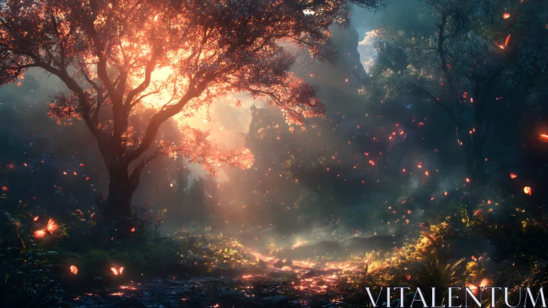 Backlit enchanted forest tree channels radiant volumetric light