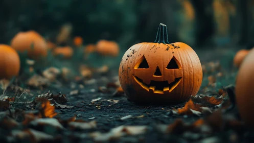 Jack-o-lantern grins on a leaf-strewn forest path at dusk.