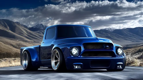 Midnight cobalt custom truck prowling stormlit mountain roads.