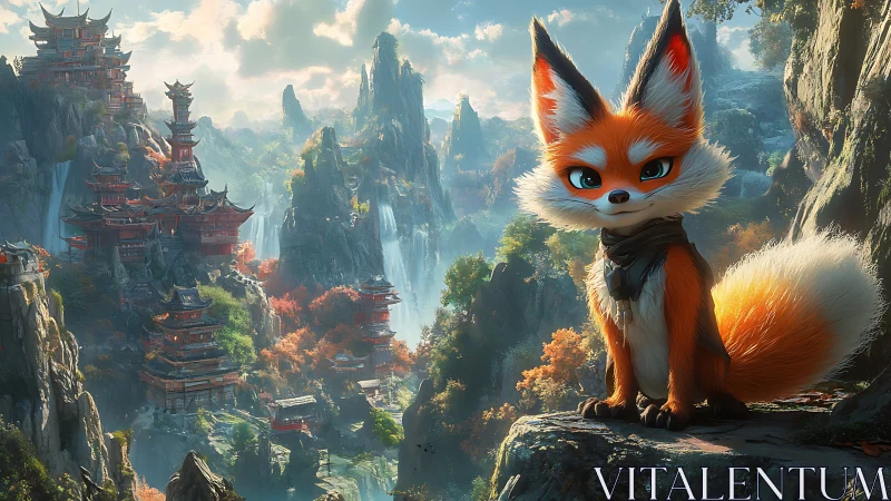 Fox guardian grins atop misty pagoda cliffs at dawn