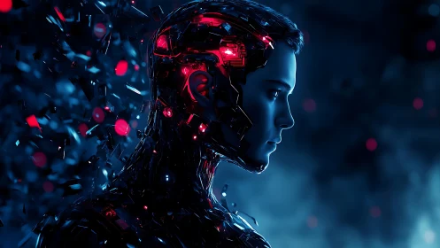 Cybernetic profile glows with red circuits in dark void.