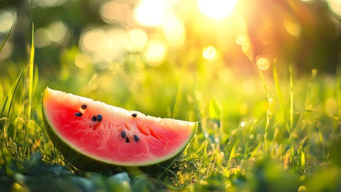 Sunlit slice of watermelon resting in glowing summer grass.