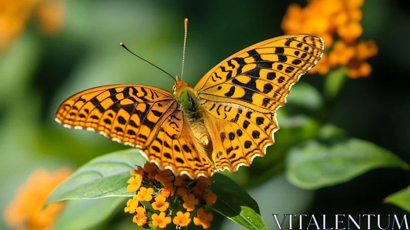 Macro study of an orange fritillary butterfly on garden bloom.