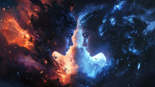 Dual elemental goddesses confront in cosmic fire and ice realm