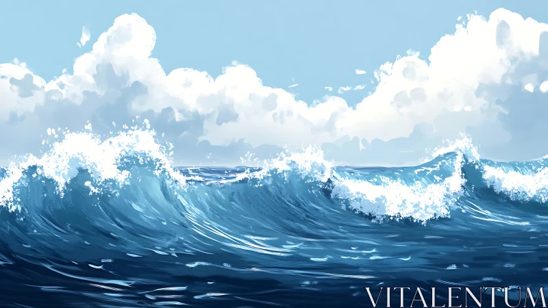 Ocean waves crest beneath cumulus clouds in digital seascape