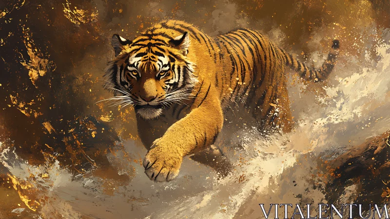 Bold tiger surging through wild splashes of golden water.
