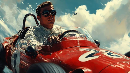 Sky-chasing racer rockets through clouds in red thunder.