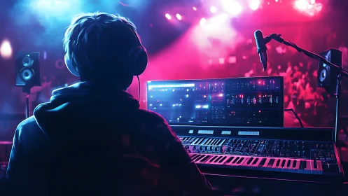 Music producer controls illuminated synths in neon studio