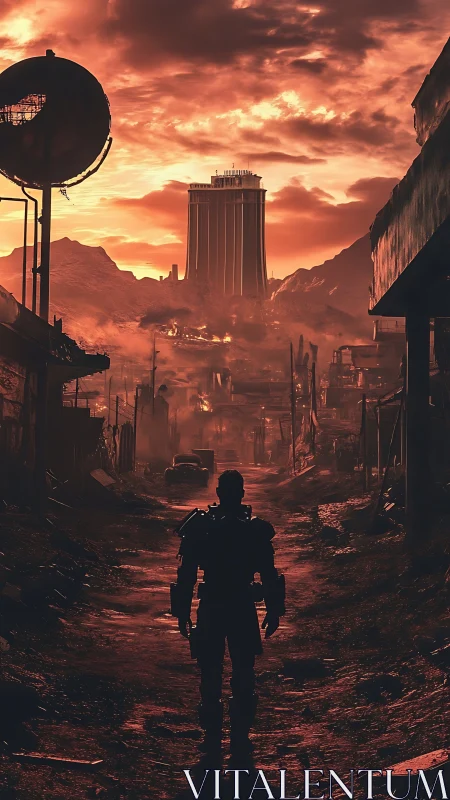 Armored figure in ruined settlement under red sunset sky.