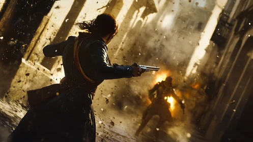 Armed figure in urban alley amid explosion and debris.