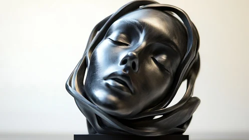 Polished metallic portrait bust with swirling ribbon forms