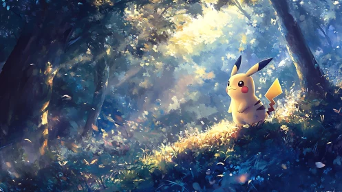 Gentle sunlight welcomes Pikachu in a dreamy forest clearing
