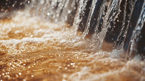 Golden cascade dances in sunlight over sparkling shallows.