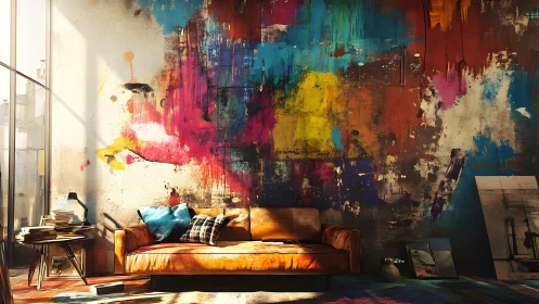 Vibrant Modern Loft with Colorful Abstract Wall Art Accent.