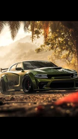 Widebody muscle car rendered in cinematic golden hour lighting