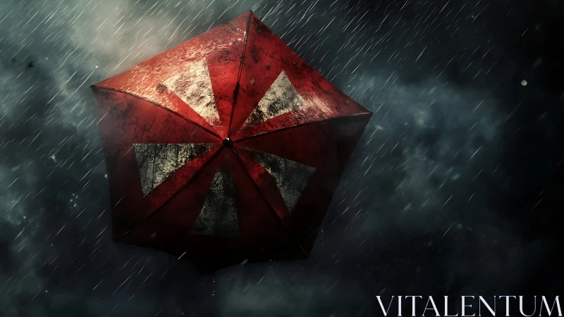 Red weathered umbrella in dark stormy night rain scene.
