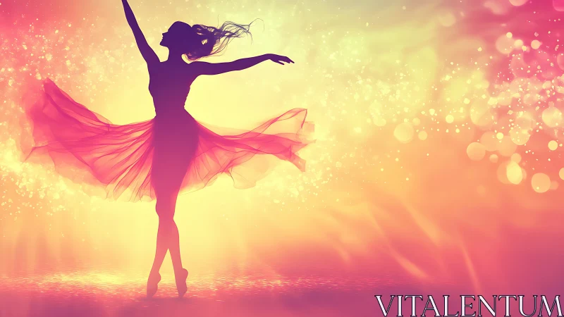 Silhouetted ballerina swirling in radiant pastel light field.