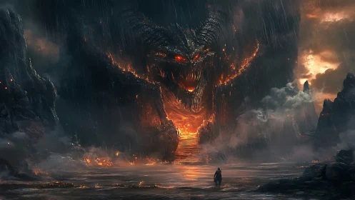 Fiery volcanic dragon face looms over lone robed figure