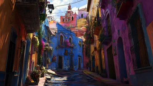 Sun-drenched alleyway drenched in jubilant painted facades.