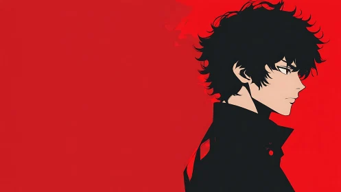 Black haired anime boy in profile on flat red background