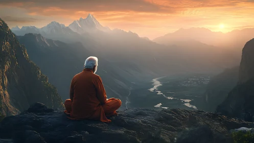 Solitary monk converses with sunrise over river-cut valleys