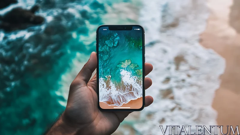 Hand holding smartphone displaying aerial coastal waves view
