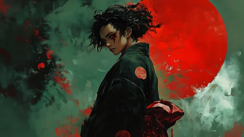 Stormlit ronin gazes back before a blazing red sunscape.