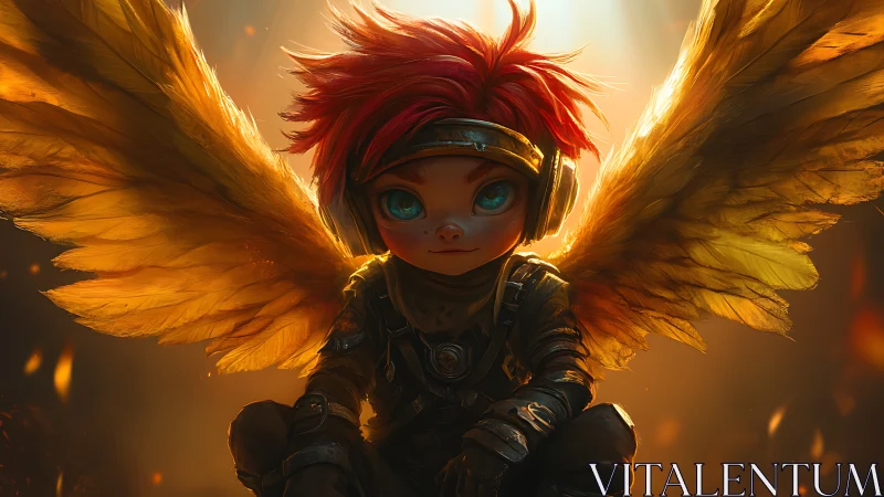 Red haired winged child in headset under warm light.