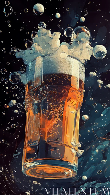 Foaming amber ale rockets upward in a galaxy of bubbles.