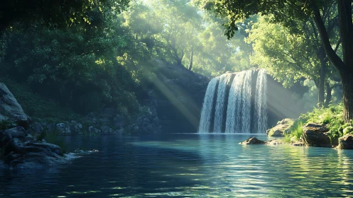 Sunlit forest waterfall over tranquil emerald pool.