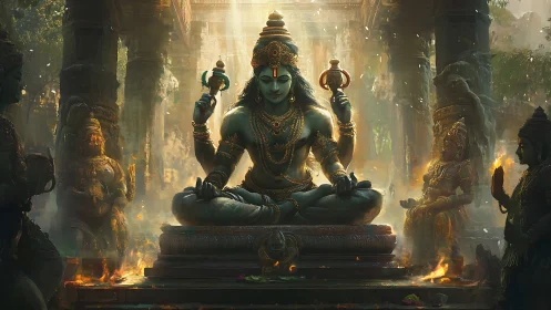 Divine stone deity illuminated by volumetric temple light shafts