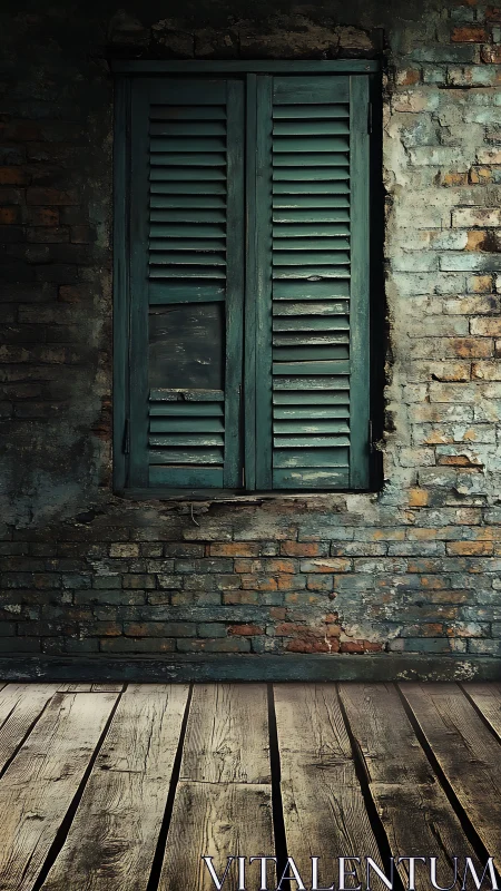 Weathered teal shutters on distressed brick wall interior.