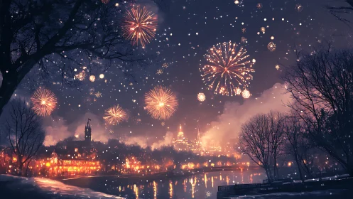 Winter riverside city under radiant festival fireworks.