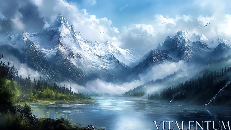 Snow-covered alpine mountains above reflective lake surface.