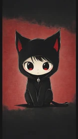 Chibi cat-hooded child on red-black vignette ground.