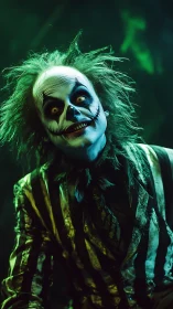 Creepy clown figure in striped suit with eerie green lighting.