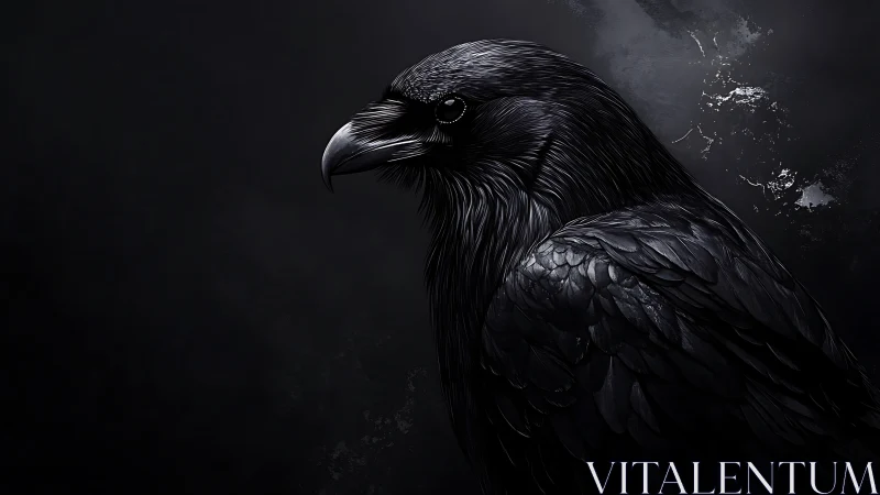 Nocturnal raven portrait with high-contrast glossy plumage.