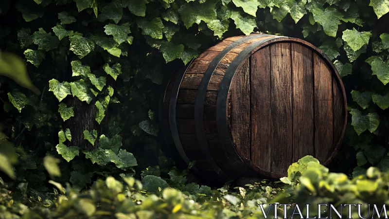 Rustic wooden barrel nestled in verdant ivy growth.