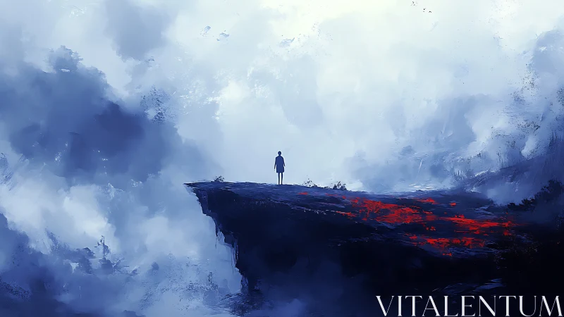 Solitary dreamer on a misty cliff of fire and sky.