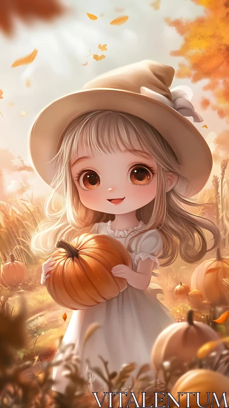 Autumn pumpkin-magic girl beaming in a dreamy golden field.