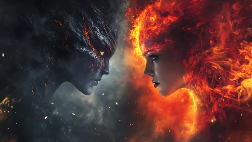 Inferno-skinned rivals lock gazes between smoke and sparks