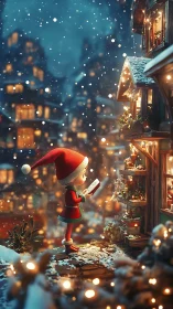 Snowy child courier at glowing Christmas village doorstep.